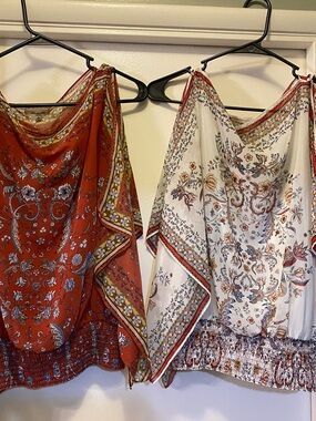 2 Max Studio Floral Boho Mixed-Print Satin Blouse in Rust & Cream